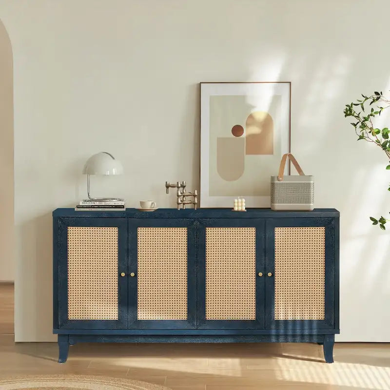 Panneaux à grain premium fabriqués à la main, Armoire de rangement d'appoint avec 4 portes en rotin, Table console placard de rangement moderne
