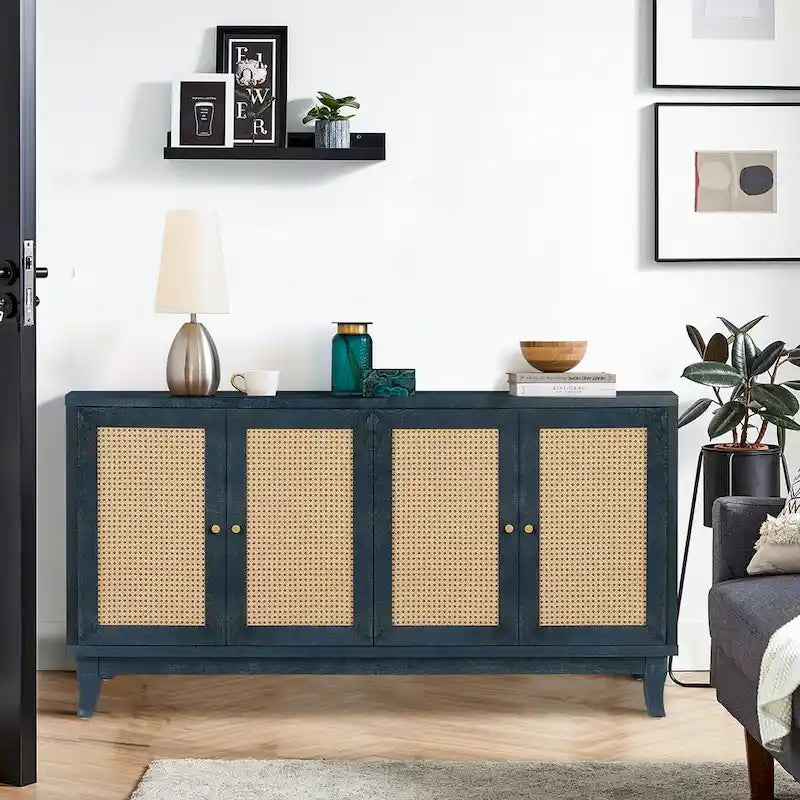 Panneaux à grain premium fabriqués à la main, Armoire de rangement d'appoint avec 4 portes en rotin, Table console placard de rangement moderne