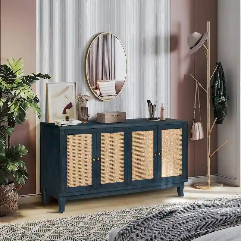 Panneaux à grain premium fabriqués à la main, Armoire de rangement d'appoint avec 4 portes en rotin, Table console placard de rangement moderne