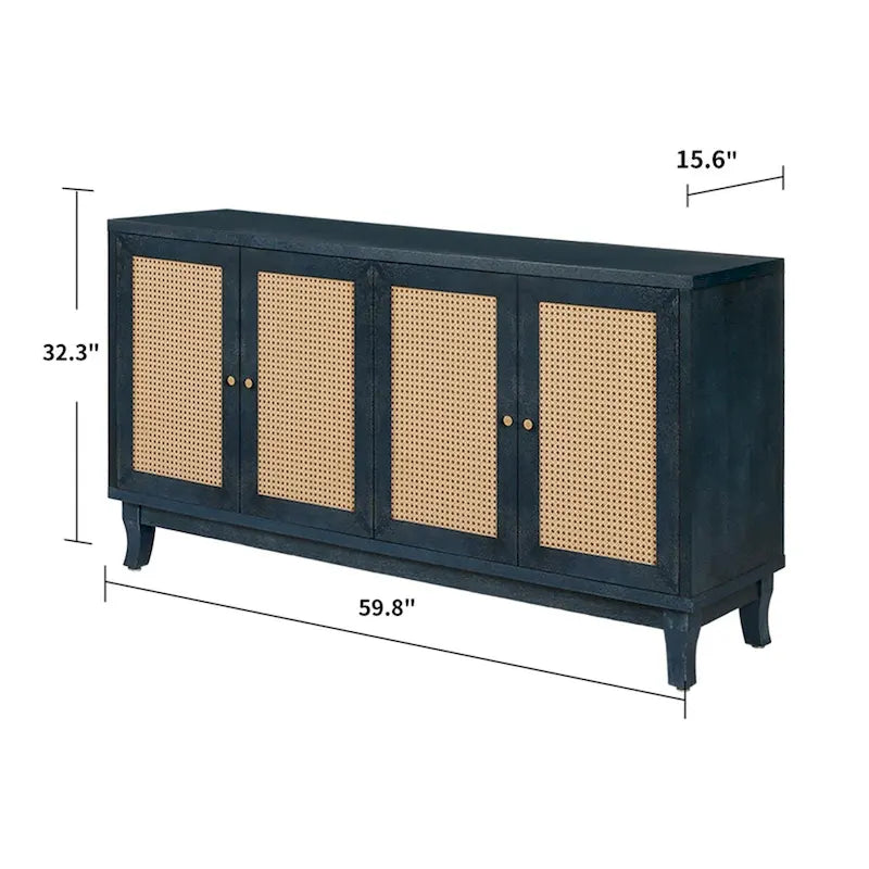 Panneaux à grain premium fabriqués à la main, Armoire de rangement d'appoint avec 4 portes en rotin, Table console placard de rangement moderne