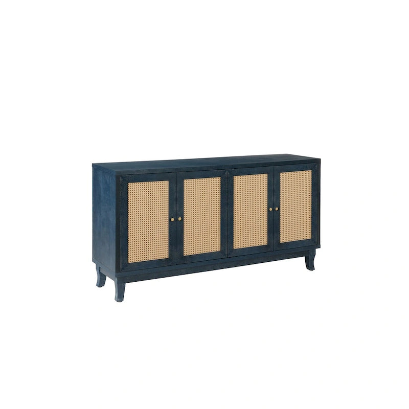Panneaux à grain premium fabriqués à la main, Armoire de rangement d'appoint avec 4 portes en rotin, Table console placard de rangement moderne