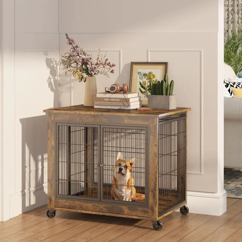 Table d'appoint Caisse pour chien de style meuble sur roulettes avec doubles portes et dessus relevable, marron rustique, 31,50 L x 22,05 P x 25 H.
