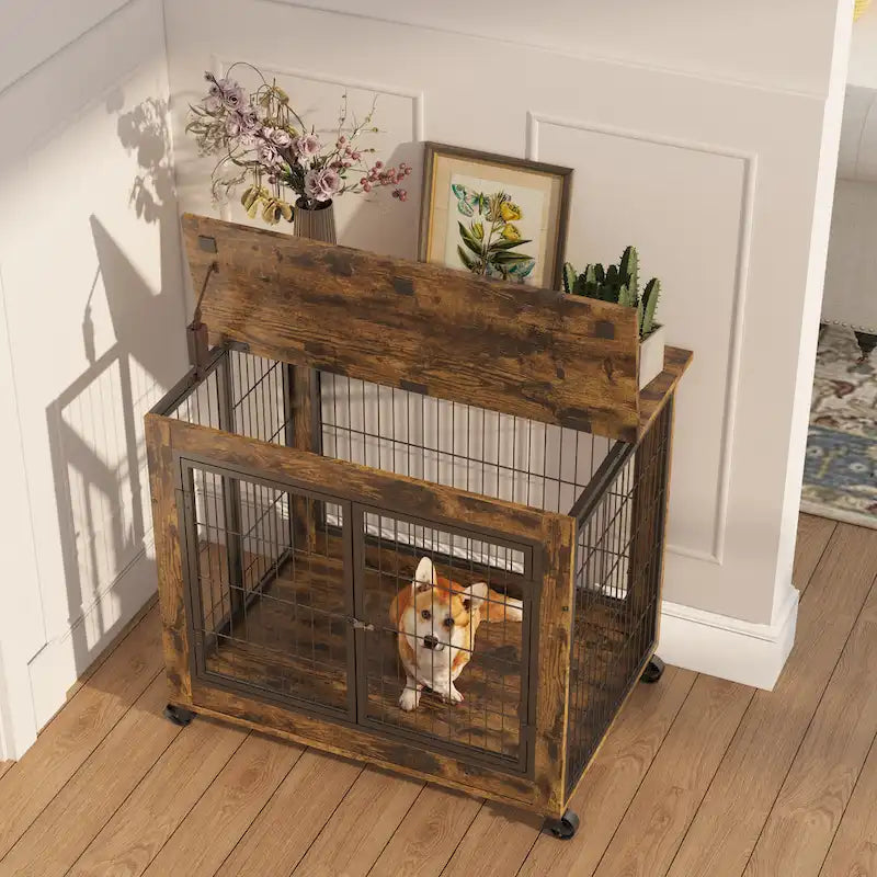 Table d'appoint Caisse pour chien de style meuble sur roulettes avec doubles portes et dessus relevable, marron rustique, 31,50 L x 22,05 P x 25 H.