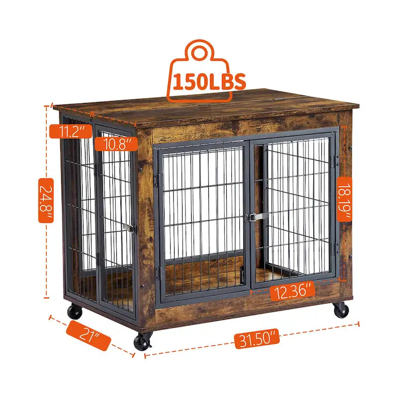 Table d'appoint Caisse pour chien de style meuble sur roulettes avec doubles portes et dessus relevable, marron rustique, 31,50 L x 22,05 P x 25 H.