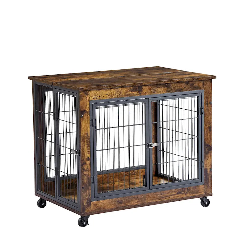 Table d'appoint Caisse pour chien de style meuble sur roulettes avec doubles portes et dessus relevable, marron rustique, 31,50 L x 22,05 P x 25 H.