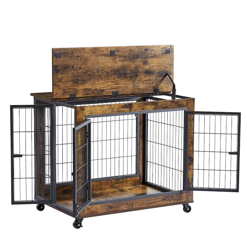 Table d'appoint Caisse pour chien de style meuble sur roulettes avec doubles portes et dessus relevable, marron rustique, 31,50 L x 22,05 P x 25 H.