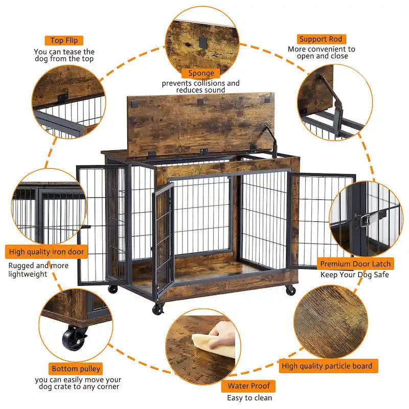 Table d'appoint Caisse pour chien de style meuble sur roulettes avec doubles portes et dessus relevable, marron rustique, 31,50 L x 22,05 P x 25 H.