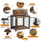 Table d'appoint Caisse pour chien de style meuble sur roulettes avec doubles portes et dessus relevable, marron rustique, 31,50 L x 22,05 P x 25 H.