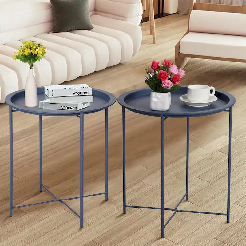 Tables de plateau TV rondes pliantes, petite table d'appoint ronde en acier, aucun assemblage requis - 47 x 47 x 50 cm