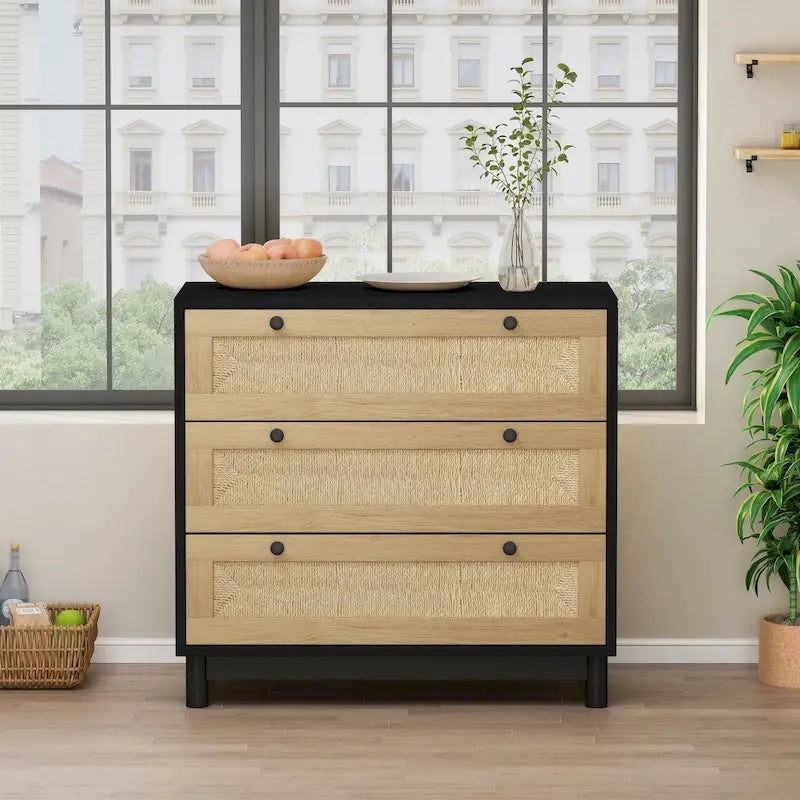 30.313-Commode de rangement à tiroirs tressés en corde, pour chambre à coucher, salon, salle à manger, couloirs, noir