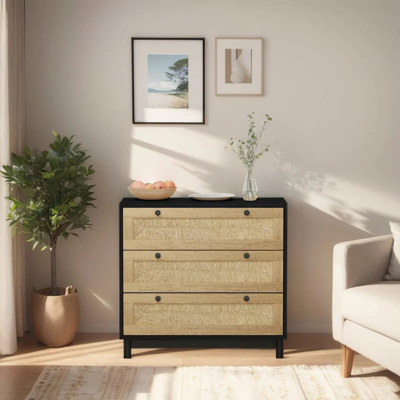30.313-Commode de rangement à tiroirs tressés en corde, pour chambre à coucher, salon, salle à manger, couloirs, noir