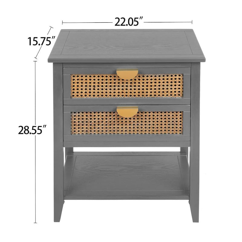 Table d'appoint à 2 tiroirs, rotin naturel, table de bout, convient pour chambre, salon, bureau