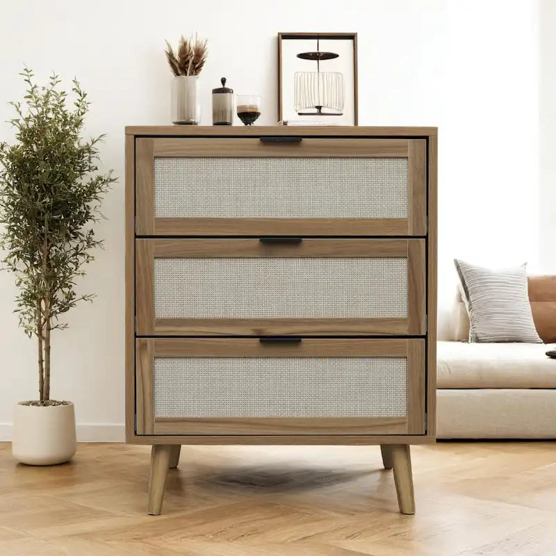 Meuble à 3 tiroirs, Convient pour chambre à coucher, rotin naturel et soie spandex, salon, bureau
