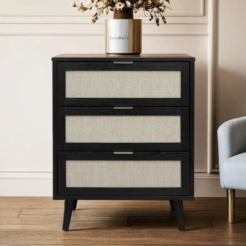 Meuble à 3 tiroirs, Convient pour chambre à coucher, rotin naturel et soie spandex, salon, bureau