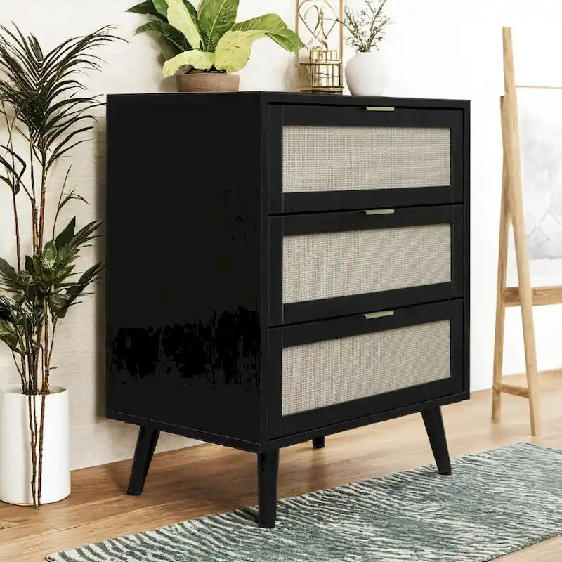 Meuble à 3 tiroirs, Convient pour chambre à coucher, rotin naturel et soie spandex, salon, bureau