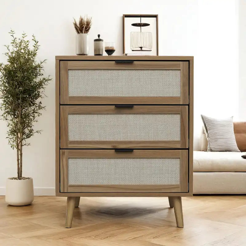 Meuble à 3 tiroirs, Convient pour chambre à coucher, rotin naturel et soie spandex, salon, bureau