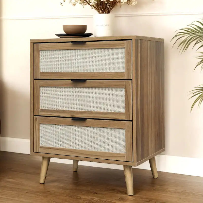 Meuble à 3 tiroirs, Convient pour chambre à coucher, rotin naturel et soie spandex, salon, bureau