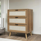 Meuble à 3 tiroirs, Convient pour chambre à coucher, rotin naturel et soie spandex, salon, bureau