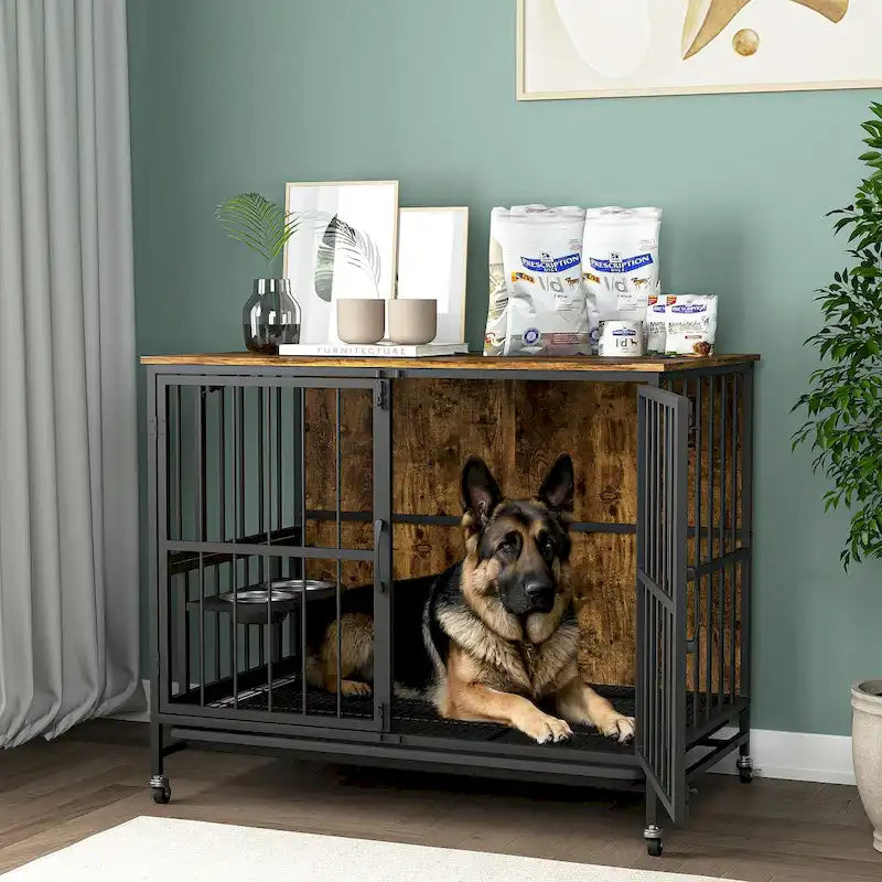 Chenil pour chiens jusqu'à 36 kg avec plateau amovible, niche à deux portes, panneau relevable, rotation à 360 degrés, gamelles réglables sur 3 hauteurs