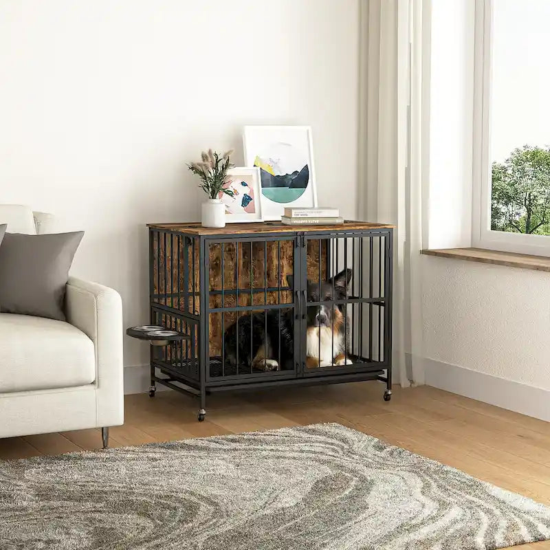 Chenil pour chiens jusqu'à 36 kg avec plateau amovible, niche à deux portes, panneau relevable, rotation à 360 degrés, gamelles réglables sur 3 hauteurs