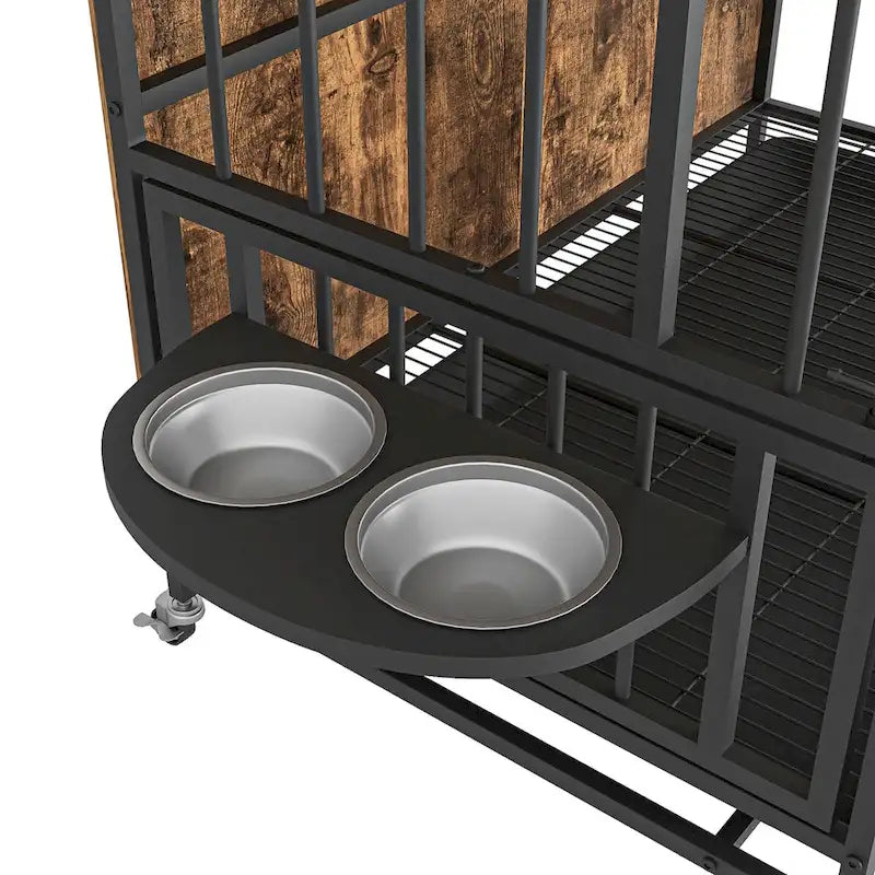Chenil pour chiens jusqu'à 36 kg avec plateau amovible, niche à deux portes, panneau relevable, rotation à 360 degrés, gamelles réglables sur 3 hauteurs
