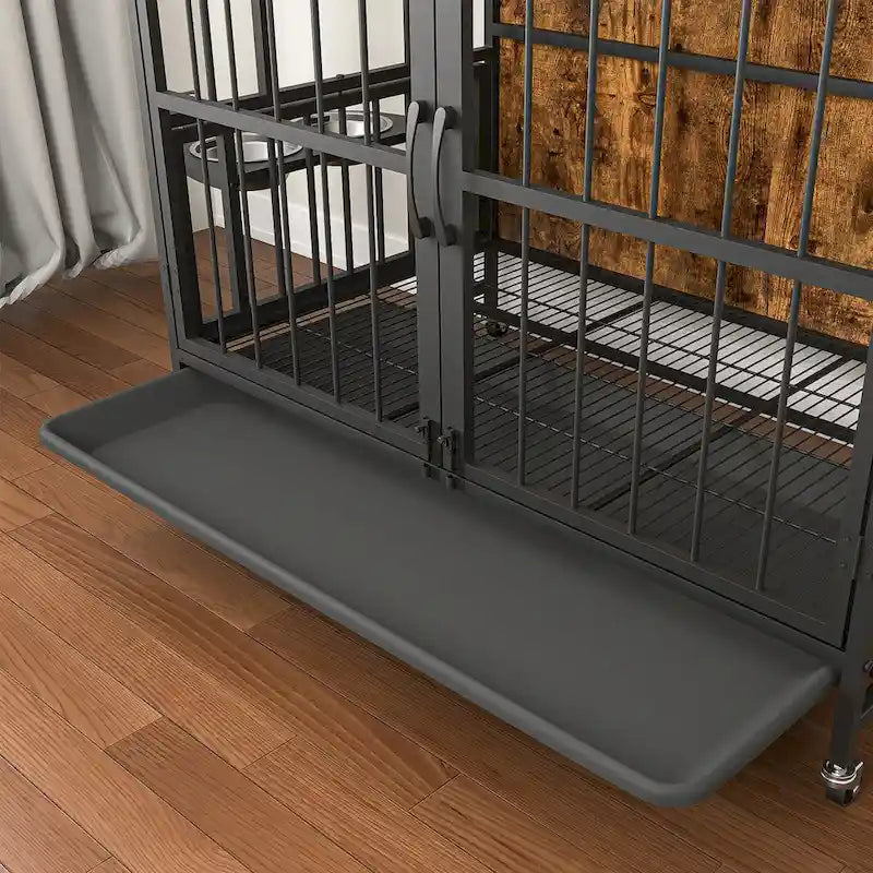 Chenil pour chiens jusqu'à 36 kg avec plateau amovible, niche à deux portes, panneau relevable, rotation à 360 degrés, gamelles réglables sur 3 hauteurs