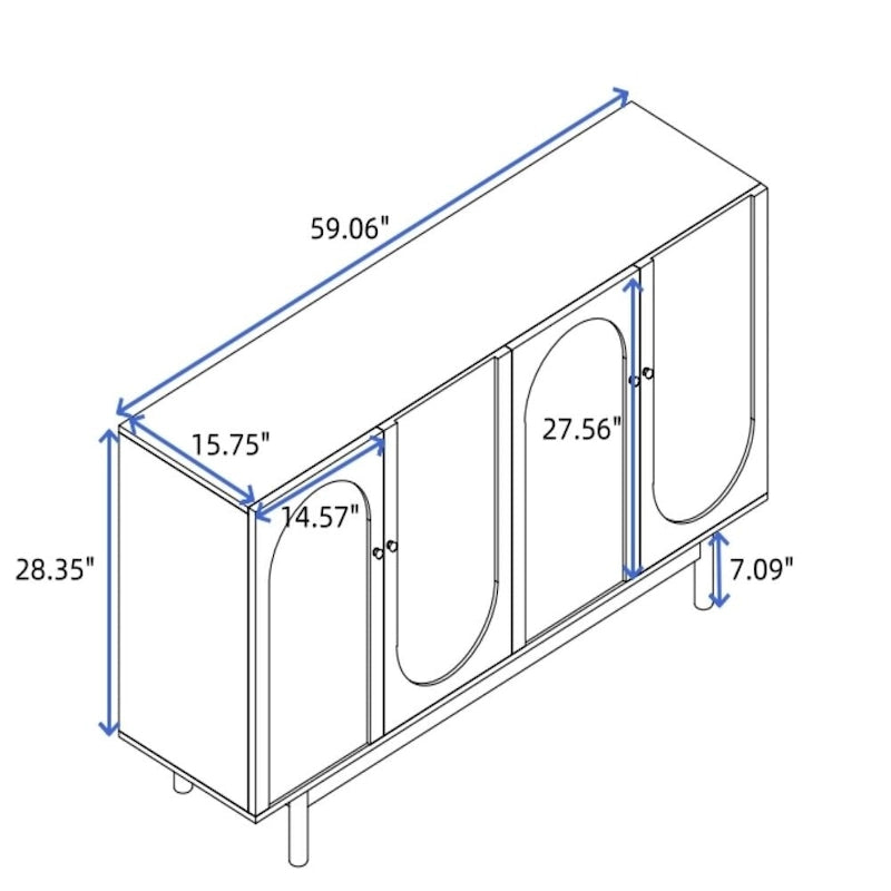 Armoire de rangement à 4 portes Intaglio élégante et fonctionnelle avec pieds en pin, poignées en bois massif et MDF