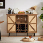Meuble à vin en chêne et faux rotin avec étagère à vin et porte-verres à vin, portes doubles avec étagères amovibles