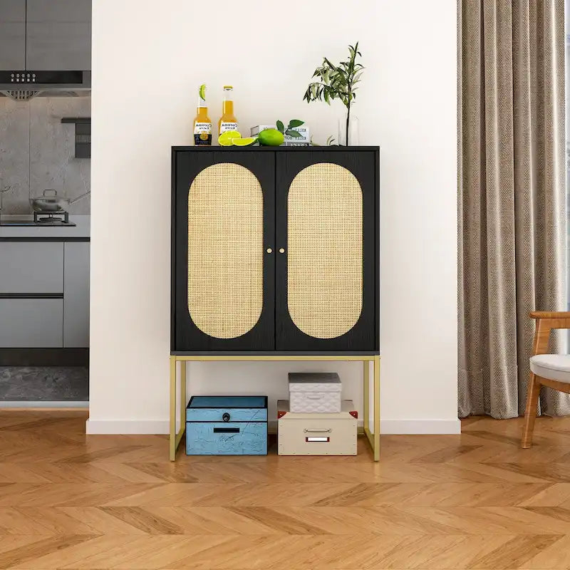 Armoire haute 2 portes, Rotin naturel Armoire haute 2 portes, Étagère intégrée réglable, Armoire autoportante