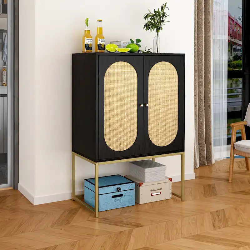 Armoire haute 2 portes, Rotin naturel Armoire haute 2 portes, Étagère intégrée réglable, Armoire autoportante
