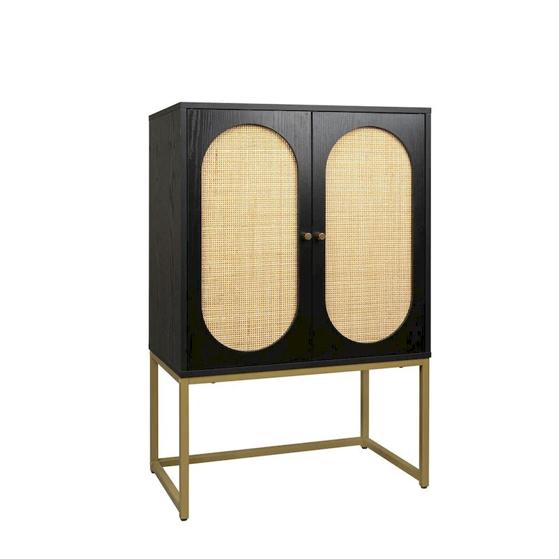 Armoire haute 2 portes, Rotin naturel Armoire haute 2 portes, Étagère intégrée réglable, Armoire autoportante