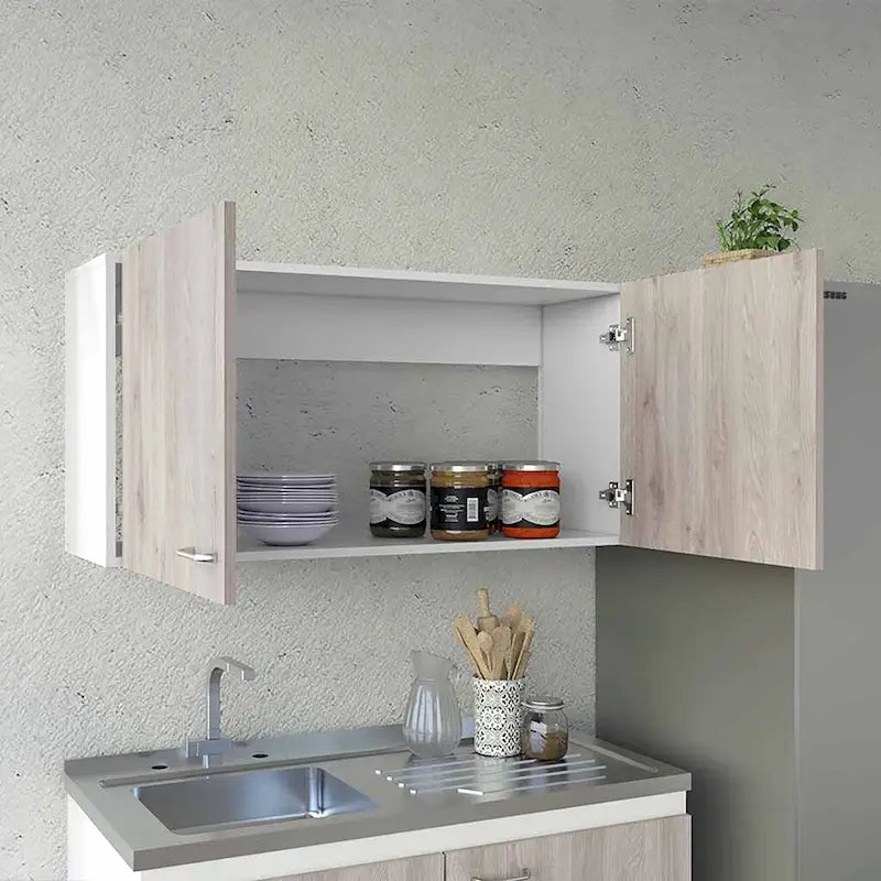 Meuble Haut Toran, Deux Étagères, Double Porte, Finition Blanc / Gris Clair, Haute qualité et durable