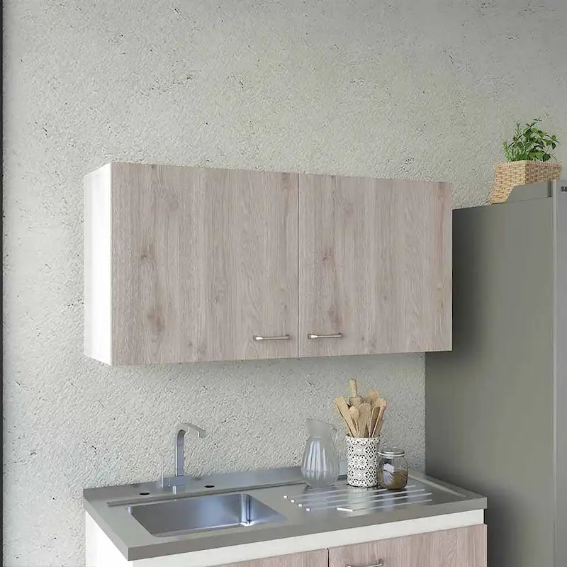 Meuble Haut Toran, Deux Étagères, Double Porte, Finition Blanc / Gris Clair, Haute qualité et durable