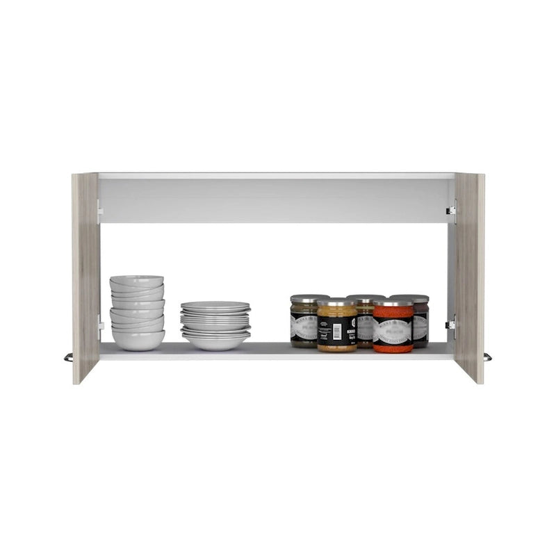 Meuble Haut Toran, Deux Étagères, Double Porte, Finition Blanc / Gris Clair, Haute qualité et durable