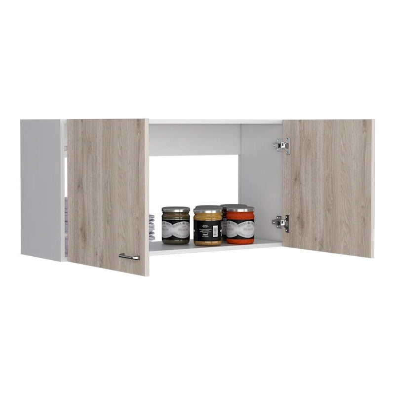 Meuble Haut Toran, Deux Étagères, Double Porte, Finition Blanc / Gris Clair, Haute qualité et durable