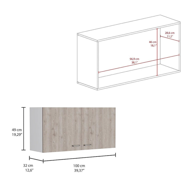 Meuble Haut Toran, Deux Étagères, Double Porte, Finition Blanc / Gris Clair, Haute qualité et durable