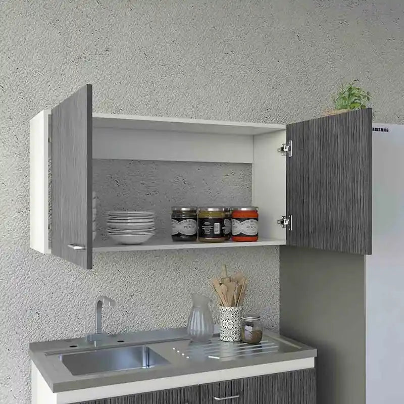 Meuble Haut Toran, Deux Étagères, Double Porte, Finition Blanc / Gris Clair, Haute qualité et durable