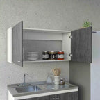 Meuble Haut Toran, Deux Étagères, Double Porte, Finition Blanc / Gris Clair, Haute qualité et durable