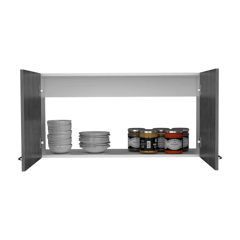 Meuble Haut Toran, Deux Étagères, Double Porte, Finition Blanc / Gris Clair, Haute qualité et durable