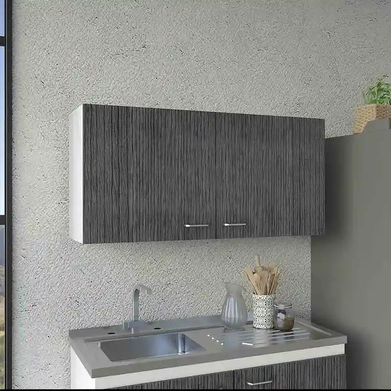 Meuble Haut Toran, Deux Étagères, Double Porte, Finition Blanc / Gris Clair, Haute qualité et durable