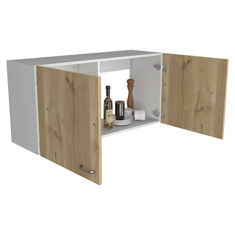 Meuble Haut Toran, Deux Étagères, Double Porte, Finition Blanc / Gris Clair, Haute qualité et durable