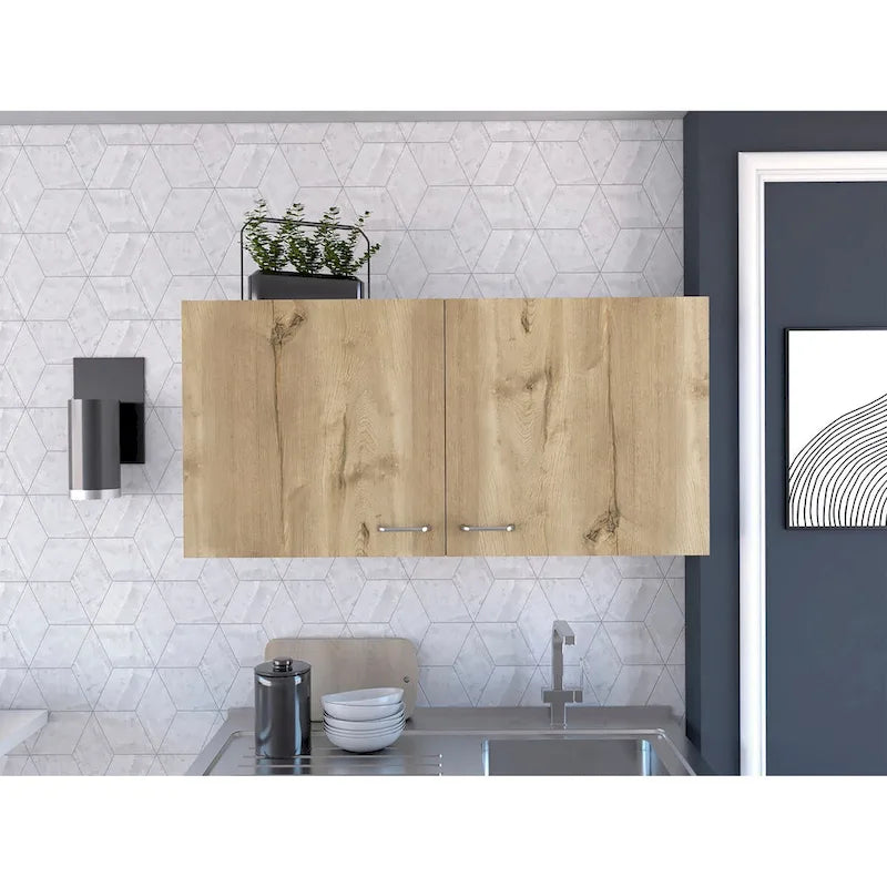 Meuble Haut Toran, Deux Étagères, Double Porte, Finition Blanc / Gris Clair, Haute qualité et durable