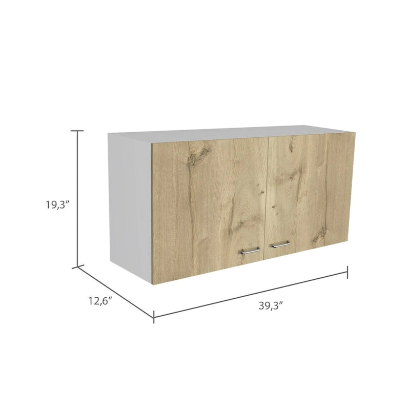 Meuble Haut Toran, Deux Étagères, Double Porte, Finition Blanc / Gris Clair, Haute qualité et durable