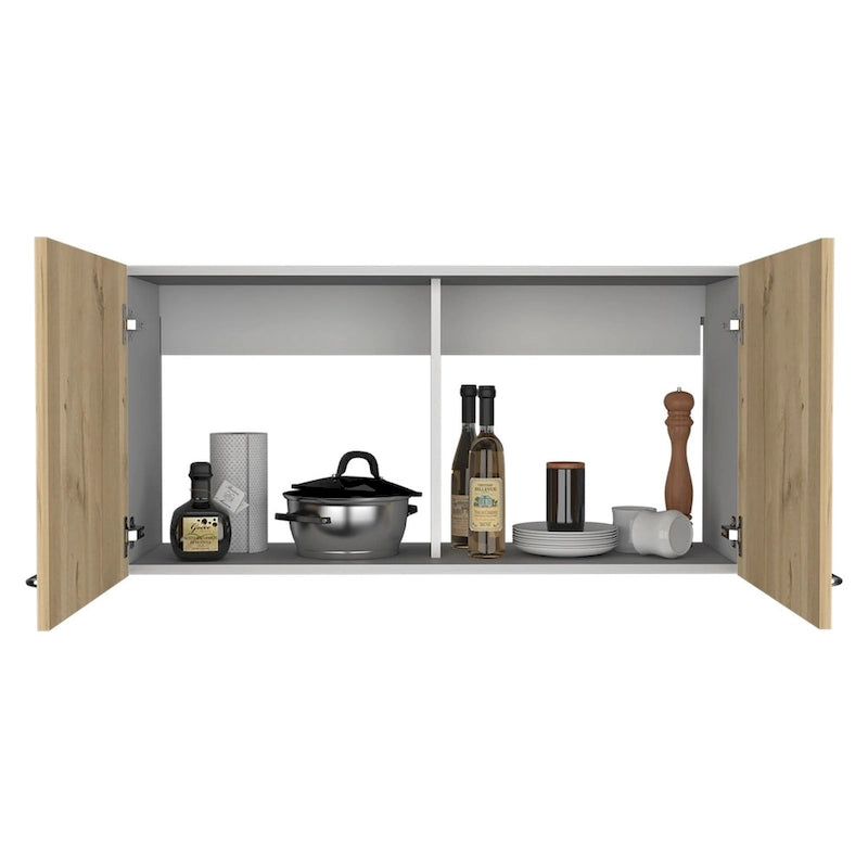 Meuble Haut Toran, Deux Étagères, Double Porte, Finition Blanc / Gris Clair, Haute qualité et durable