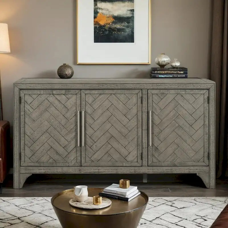 Buffet de rangement avec placage MDF+pin, étagères réglables, convient pour les salons, les entrées et les bureaux