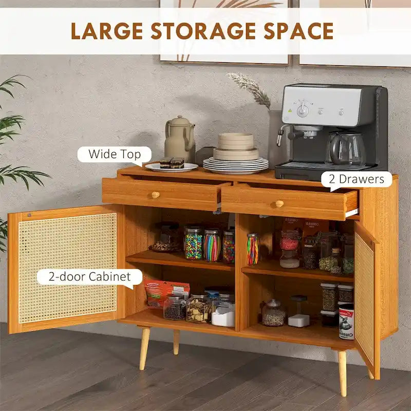 Meuble de cuisine avec portes en rotin, 2 tiroirs et étagère réglable - S.O.