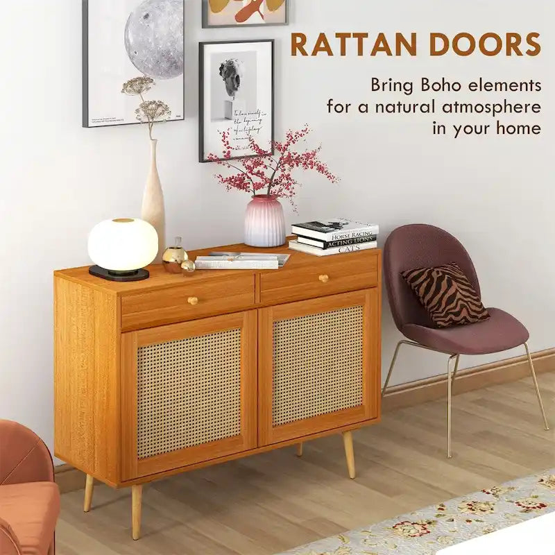 Meuble de cuisine avec portes en rotin, 2 tiroirs et étagère réglable - S.O.