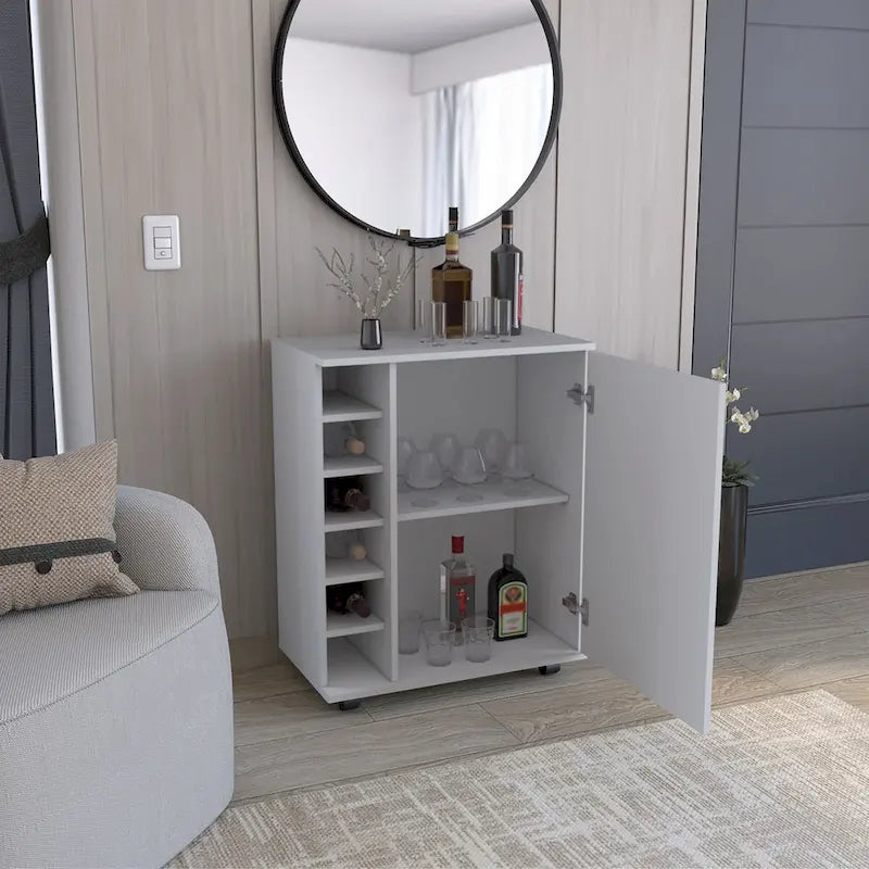 Dessertes de bar Wick avec rangement à vin intégré, armoire spacieuse et roulettes souples