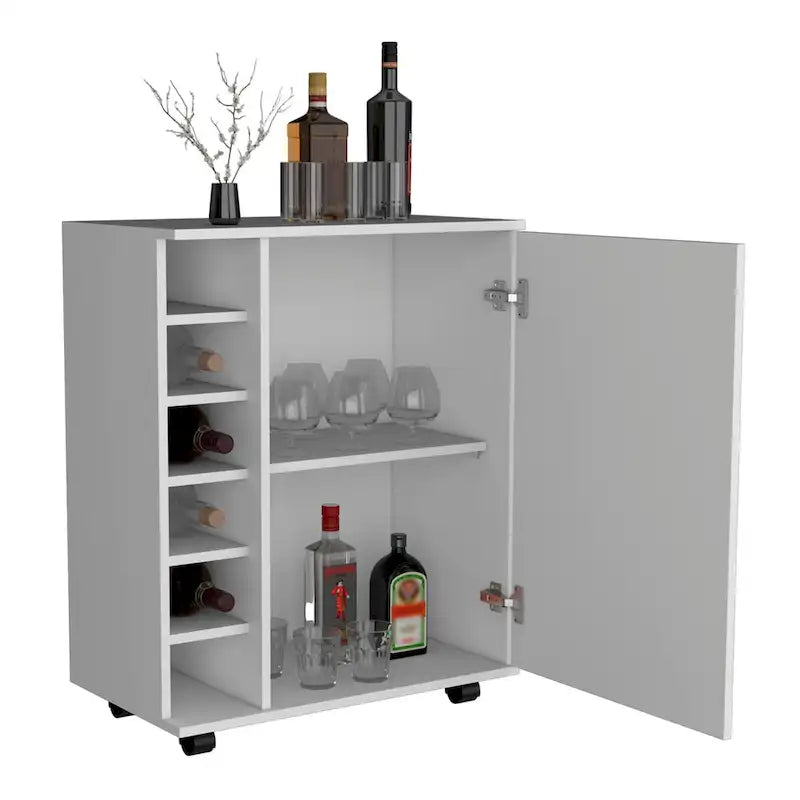 Dessertes de bar Wick avec rangement à vin intégré, armoire spacieuse et roulettes souples