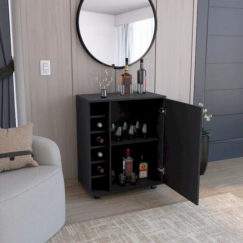 Dessertes de bar Wick avec rangement à vin intégré, armoire spacieuse et roulettes souples
